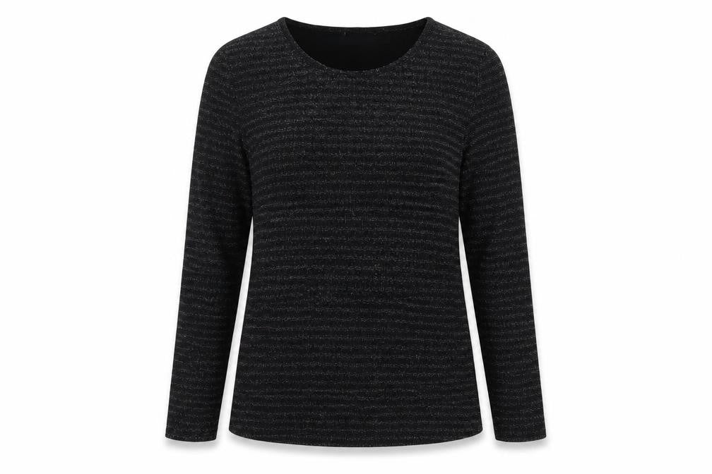 Front view of Fransa women’s black striped viscose basic t-shirt, size M, round neck