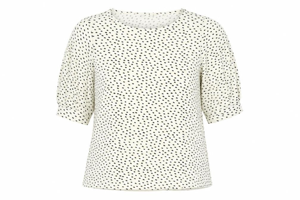 Front view of H&M women’s ivory geometric polyester basic t-shirt, size L, boat neck