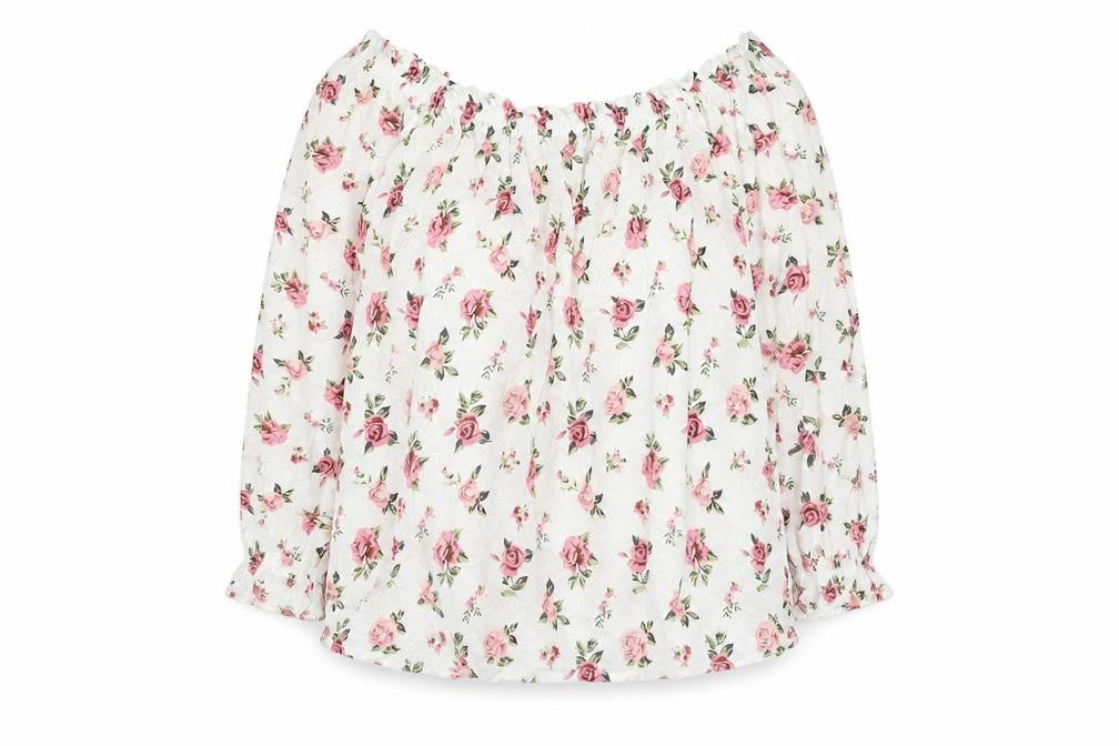 Front view of Passport women’s white floral viscose basic blouse, size M, off the shoulder - bardot