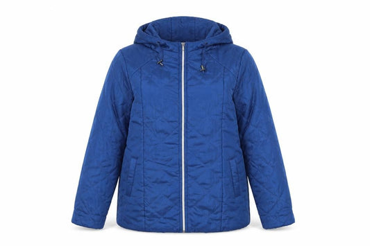 Front view of Anna De Lancay women’s blue jacket, size M, zip