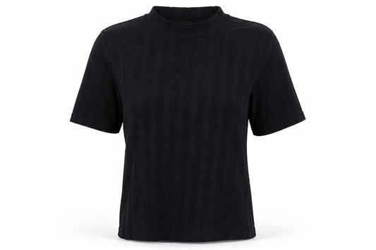 Front view of Atmosphere women’s black striped cotton basic t-shirt, size UK 10, round neck