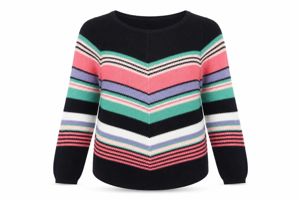 Front view of M&Co women’s multicoloured boat neck geometric cotton jumper, size UK 14