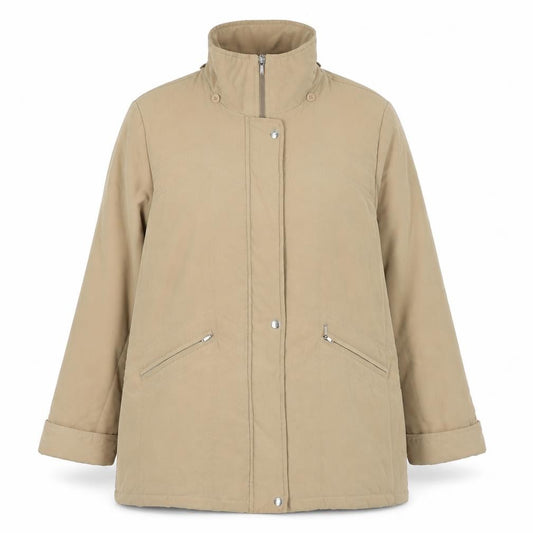 Front view of Preworn women’s beige jacket coat, size UK 14, button