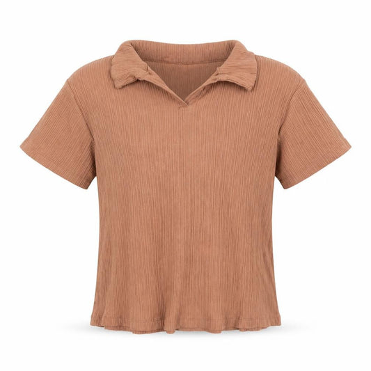 Front view of H&M girls’ brown cotton basic polo, size 10-11, years v-neck pullover