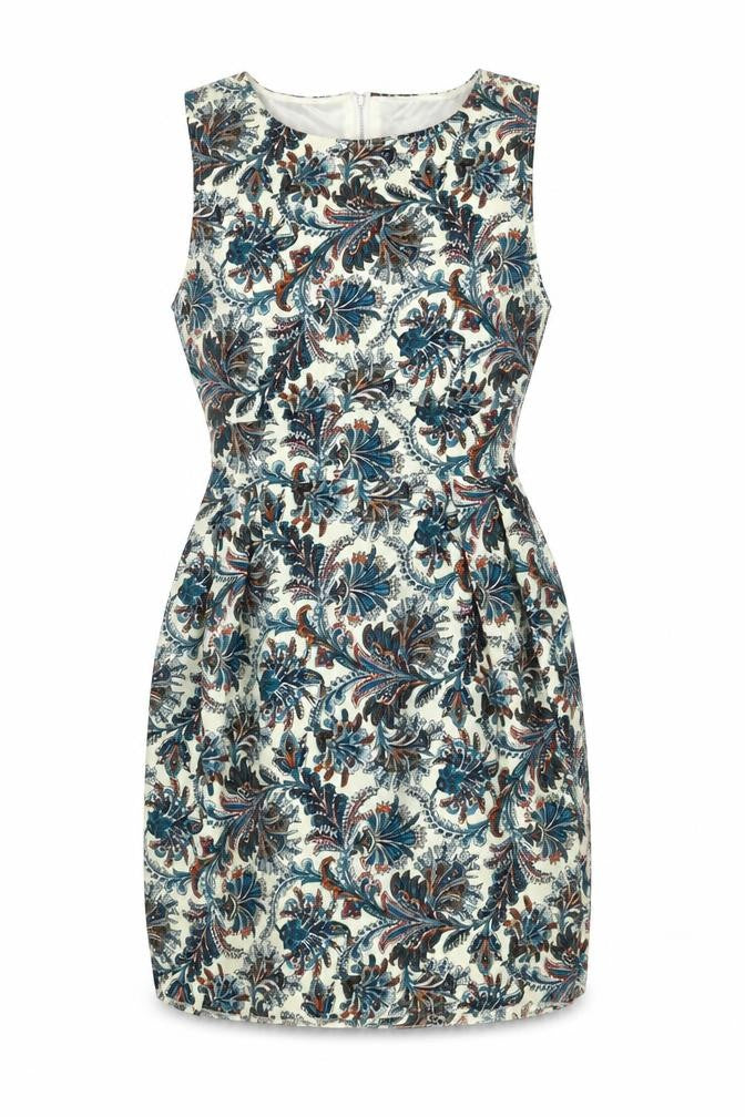 Front view of Tenki women’s blue floral polyester a-line, size UK 8, round neck zip