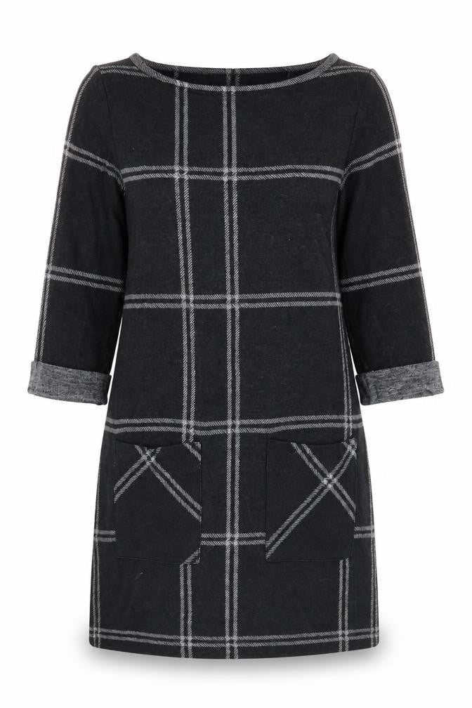 Front view of Atmosphere women’s black plaid polyester shift, size UK 6, scoop neck pullover