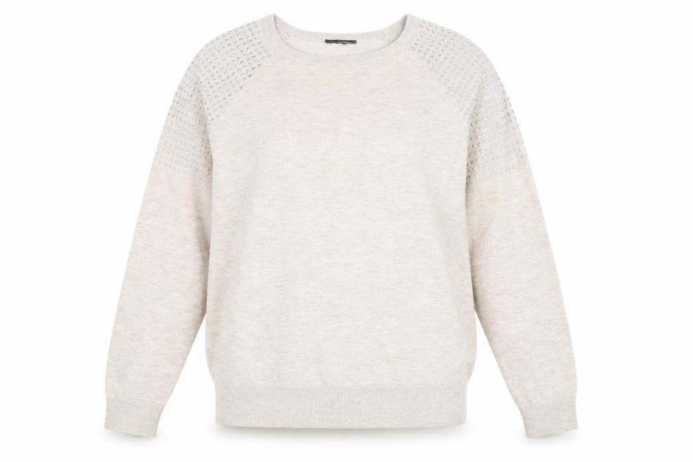 Front view of Preworn women’s beige scoop neck polyester jumper, size UK 12, -, size UK 12-14