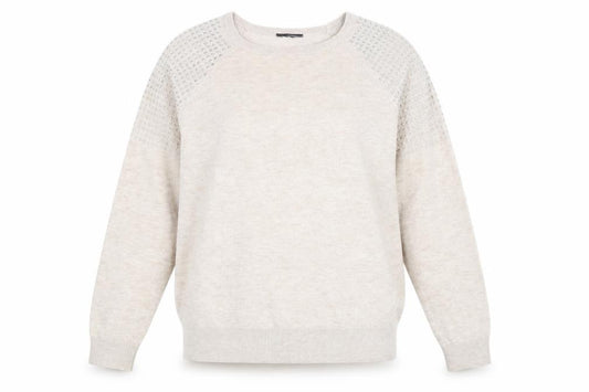 Front view of Preworn women’s beige scoop neck polyester jumper, size UK 12, -, size UK 12-14