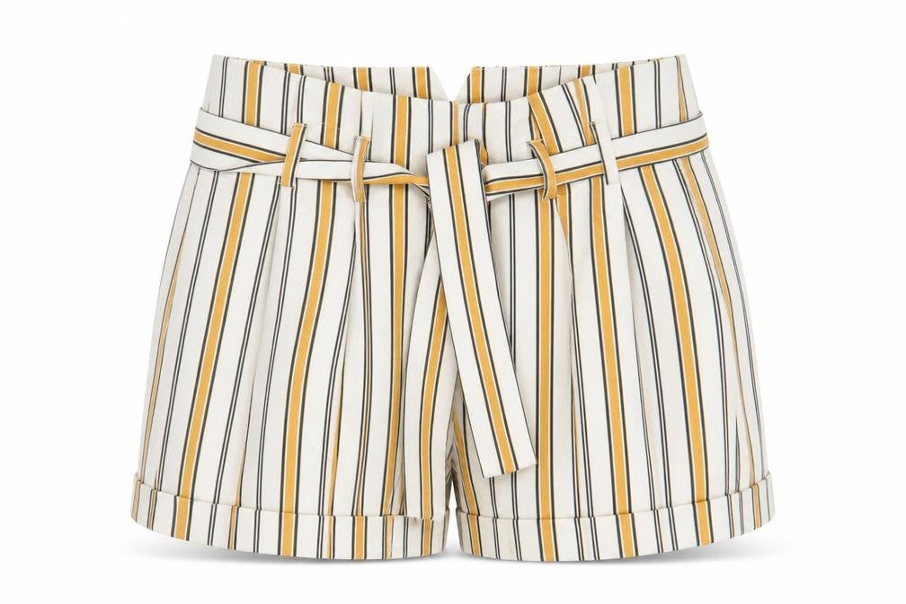 Front view of Select women’s multicoloured striped polyester sailor shorts, size UK 6, regular zip