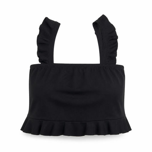 Front view of PRETTYLITTLETHING women’s black polyester cropped tank, size UK 10, off the shoulder