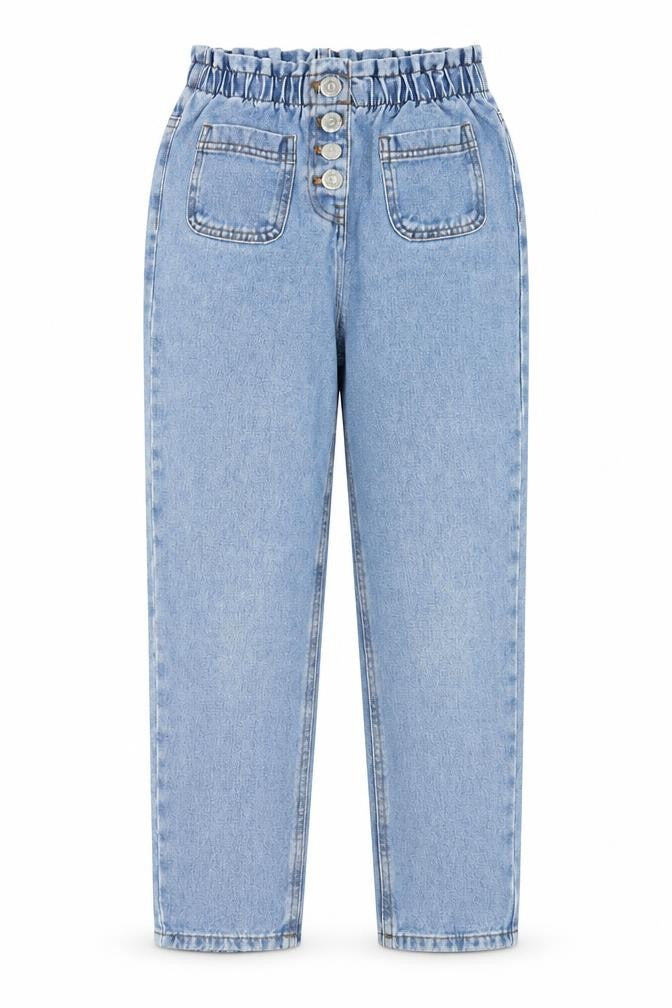 Front view of Matalan girls’ blue cotton straight jeans, size 9, months regular button