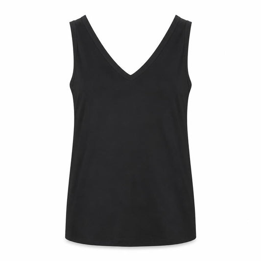 Front view of ASOS women’s black polyester basic tank, size UK 14, v-neck