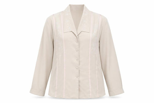 Front view of Michael Gold women’s beige polyester basic button-up, size UK 18, collared