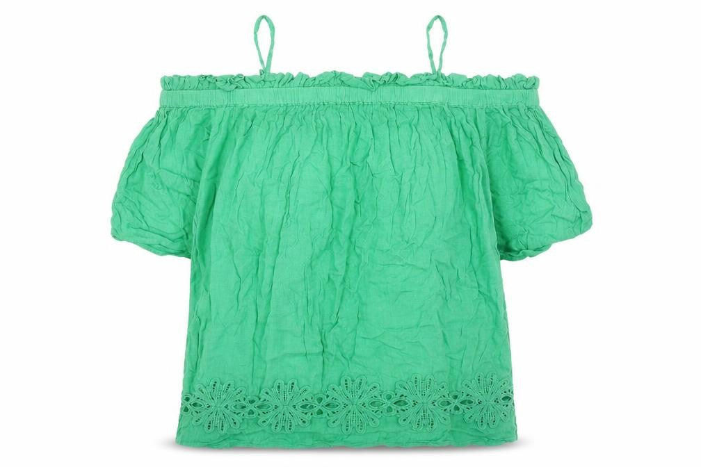 Front view of River Island women’s green viscose basic blouse, size UK 10, square neck - cold shoulder