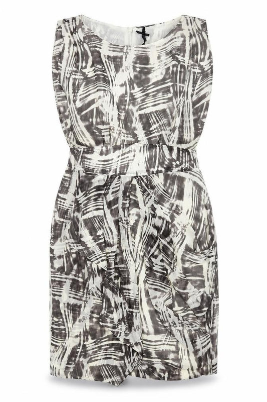 Front view of Next women’s grey geometric polyester pencil dress, size UK 14, boat neck zip