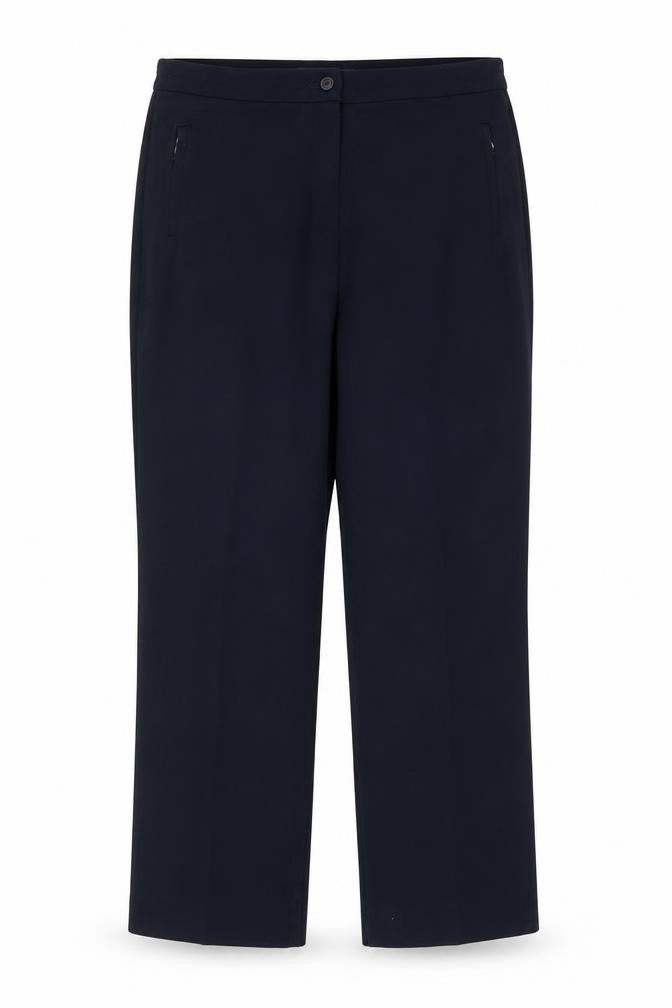 Front view of Marks & Spencer women’s blue polyester trousers, size UK 12 slim, zip