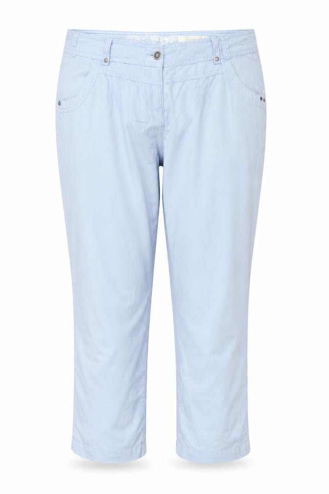 Front view of Authentic women’s blue cotton trousers, size UK 34, in regular zip