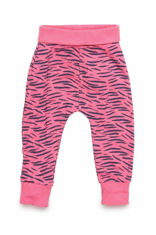 Front view of Mothercare girls’ pink geometric cotton jogger trousers, size 9-12, months pullover