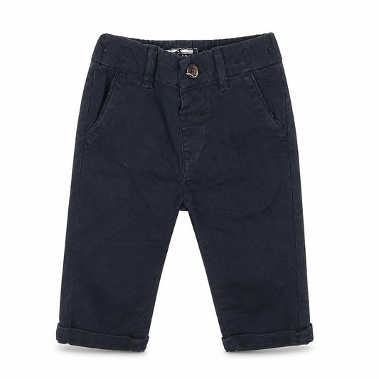 Front view of Next boys’ blue cotton capri trousers, size 3-6, months button
