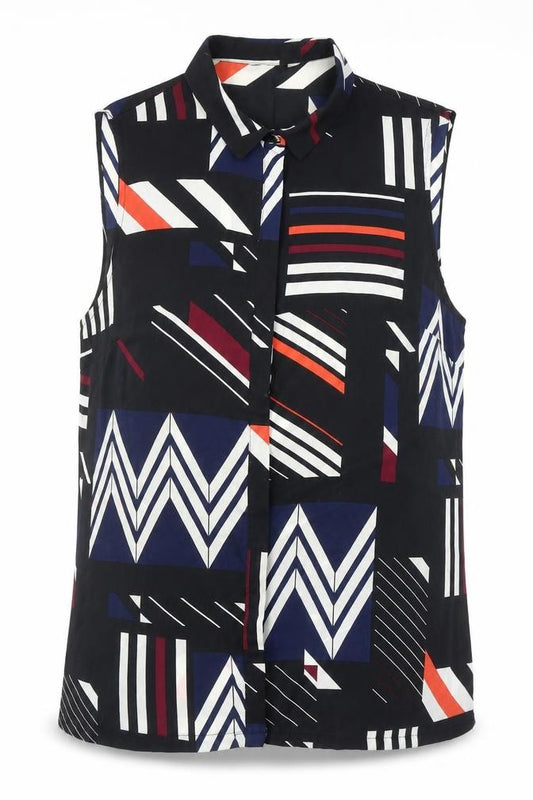 Front view of F&F women’s black geometric polyester basic blouse, size UK 12, collared