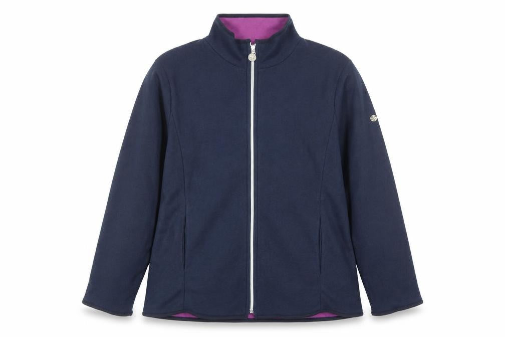 Front view of Anne De Lancay women’s blue jacket, size L, zip
