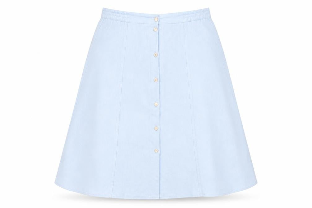Front view of Miss Sukkimani women’s blue polyester swing skirt, size UK 16, button