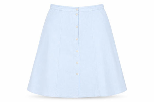 Front view of Miss Sukkimani women’s blue polyester swing skirt, size UK 16, button