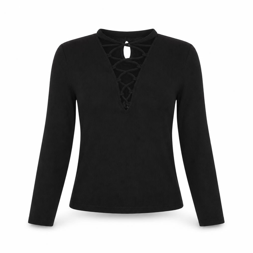 Front view of SHEIN women’s black polyester basic blouse, size S, v-neck - lace up front detail
