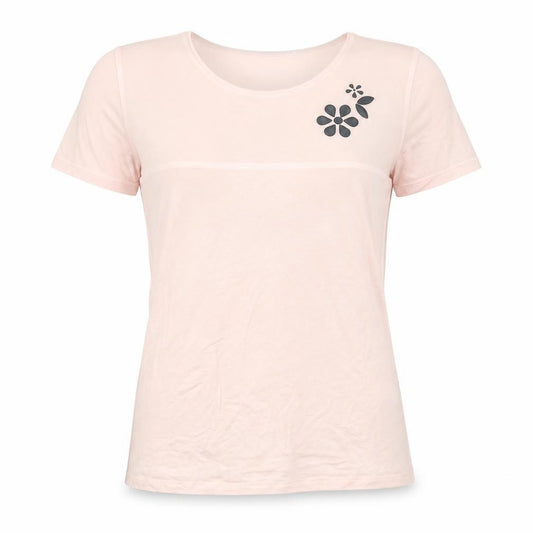 Front view of Emmebivi women’s pink viscose basic t-shirt, size M, scoop neck - flower detail