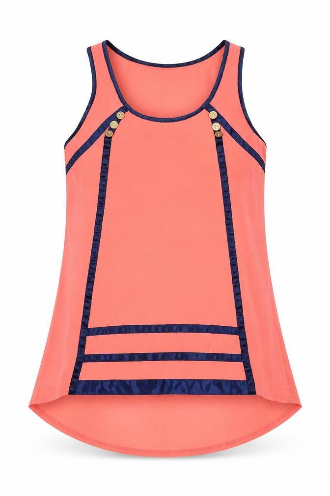 Front view of Little Misstress women’s pink polyester basic tank, size UK 10, scoop neck