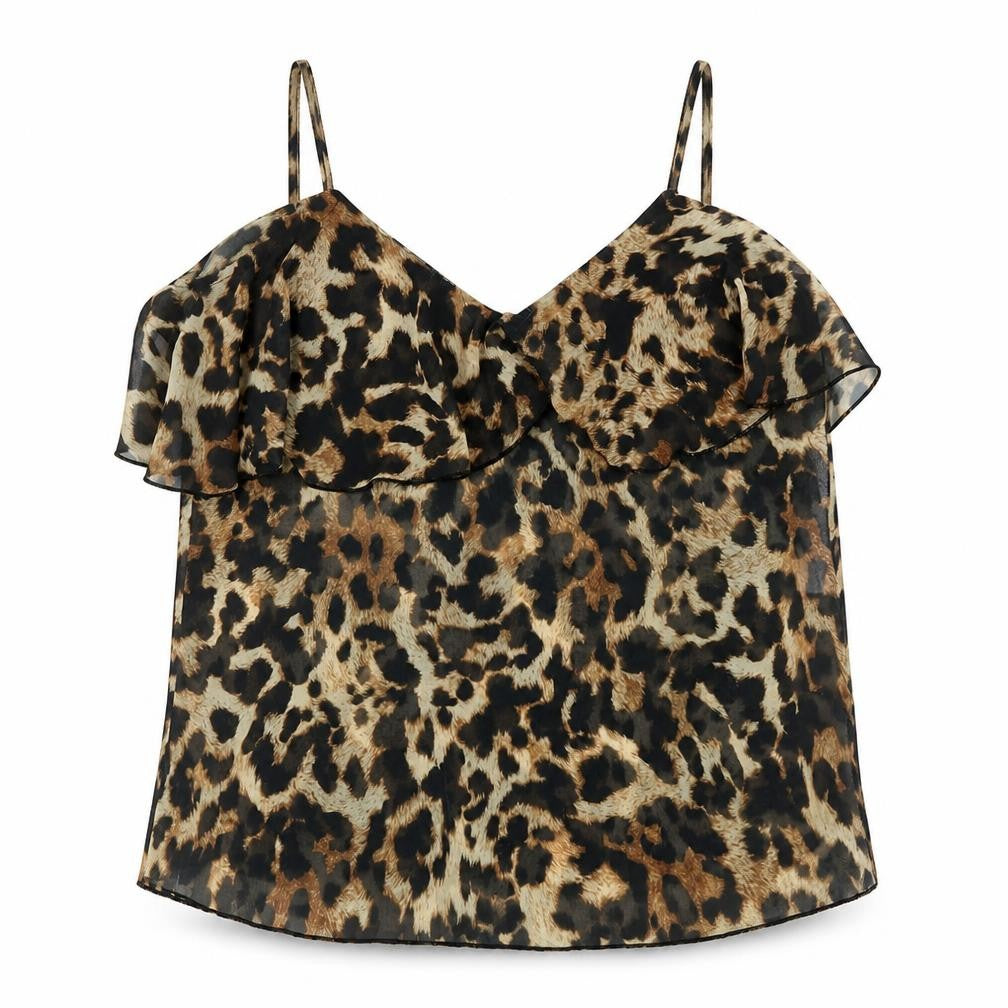 Front view of Jessica Wright women’s brown animal print polyester basic tank, size UK 12, v-neck - leopard print