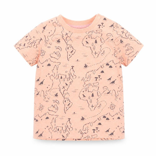 F&F Boys Orange Geometric Cotton Basic T-Shirt Size 9-12 Months Round Neck Snap - Dinosaur map