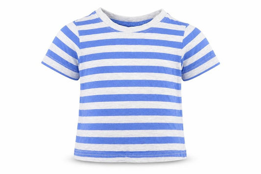 Front view of Primark boys’ blue striped cotton basic t-shirt, size 9-12, months round neck pullover