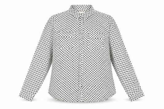 Front view of LOFT women’s black geometric polyester basic button-up, size M, collared