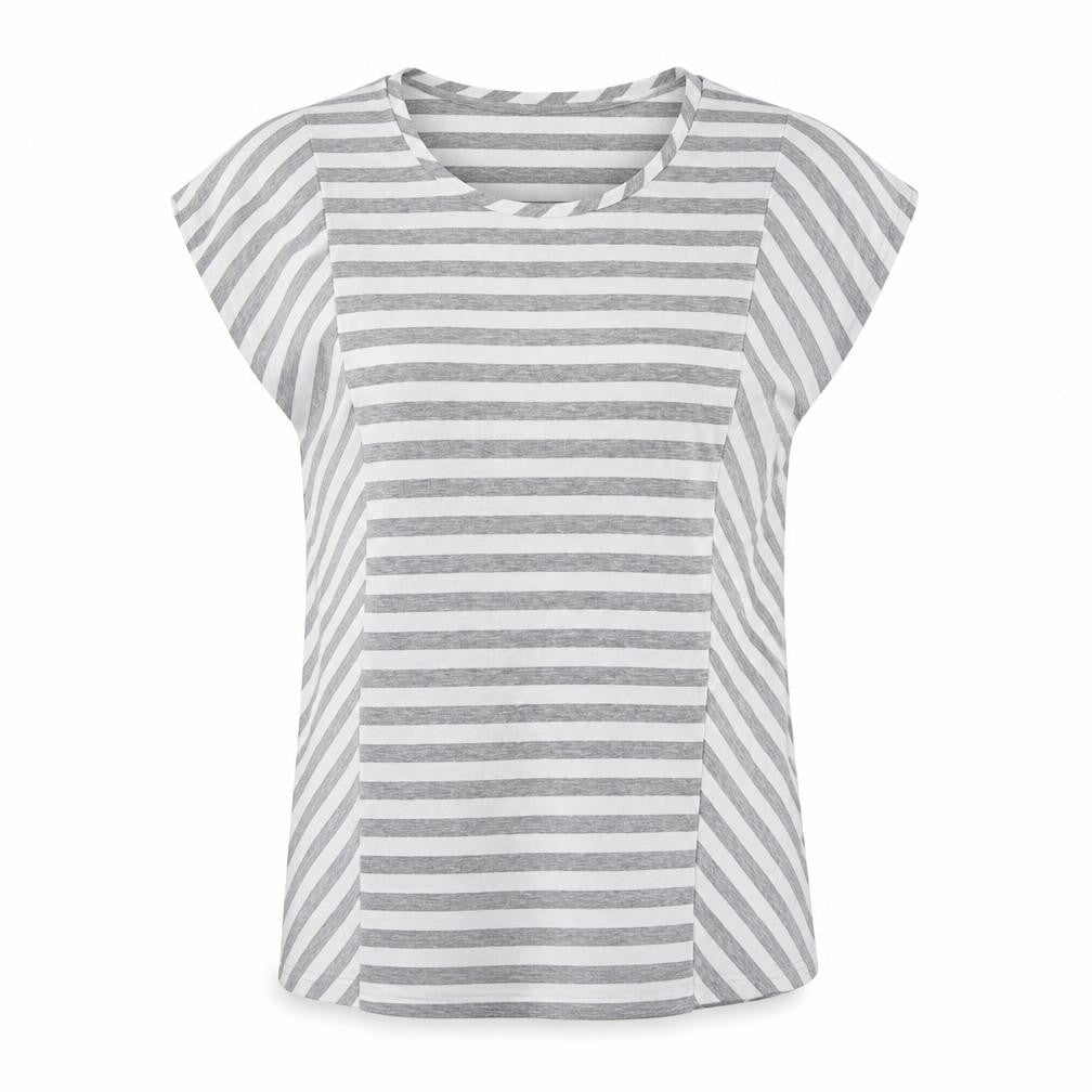 Front view of Being Casual women’s grey striped cotton basic t-shirt, size UK 12, round neck
