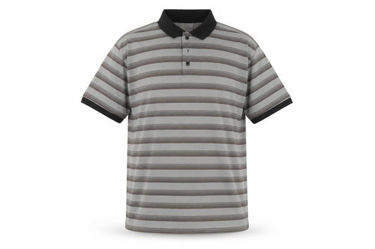 Front view of Skopes men’s grey striped polyester polo, size XL, collared button