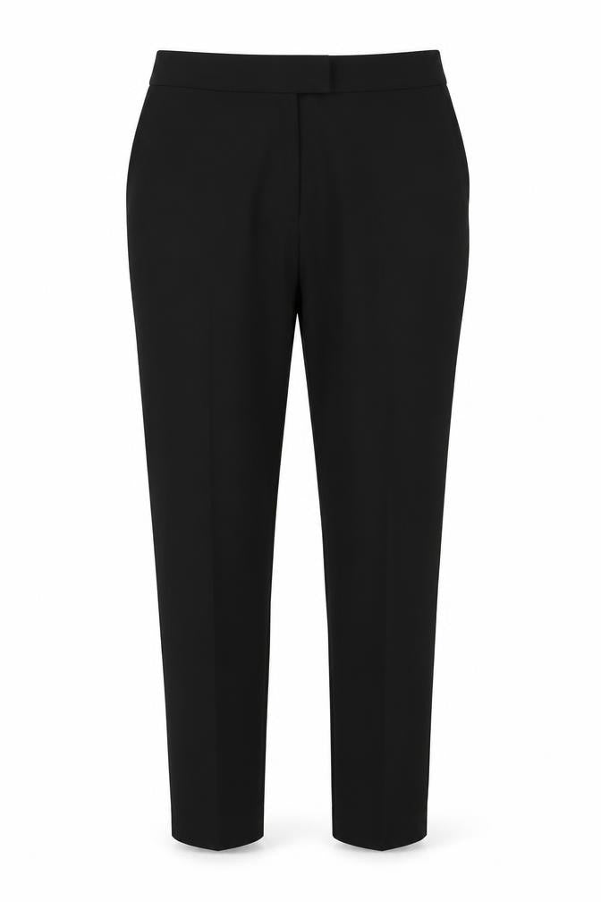 Front view of F&F women’s black polyester trousers, size UK 10, 27-inch leg regular button
