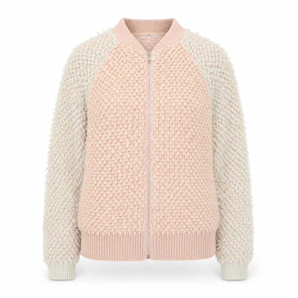Front view of Next women’s pink round neck acrylic full zip jumper, size UK 8