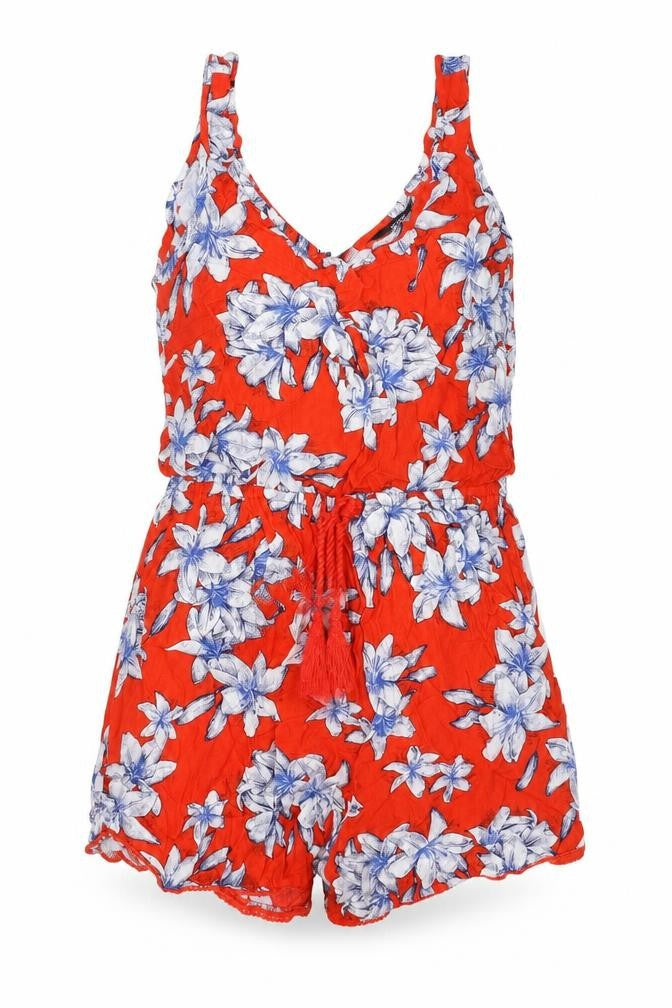 F&F Womens Red Floral Cotton Playsuit One-Piece Size 6 Pullover
