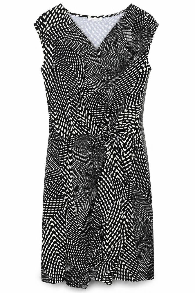 Front view of Promod women’s black geometric viscose a-line, size UK 12, v-neck pullover