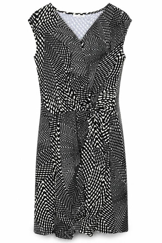 Front view of Promod women’s black geometric viscose a-line, size UK 12, v-neck pullover