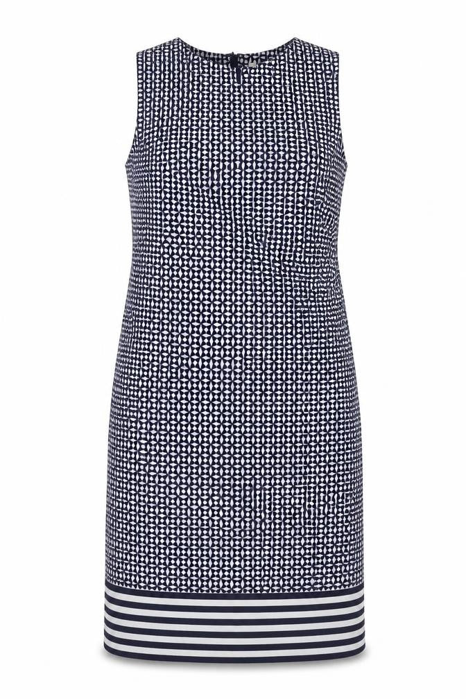 Front view of Stella women’s blue geometric polyester shift, size UK 8, boat neck zip