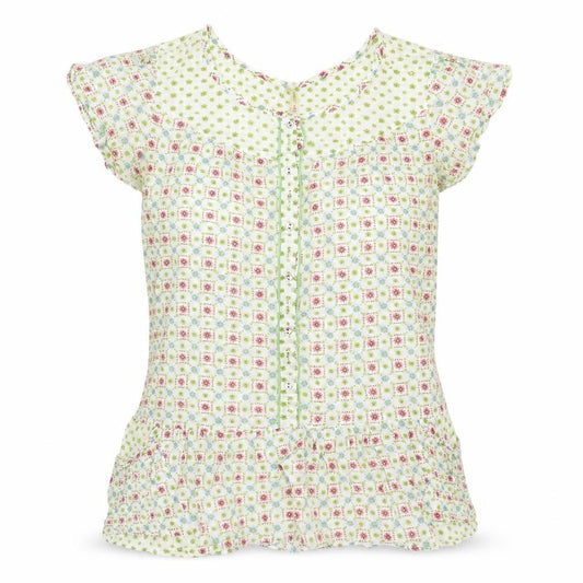 Front view of Denim & Co. women’s multicoloured geometric cotton basic blouse, size UK 10, round neck