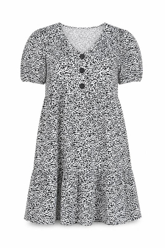 Front view of SHEIN women’s white geometric polyester fit & flare, size M, v-neck button