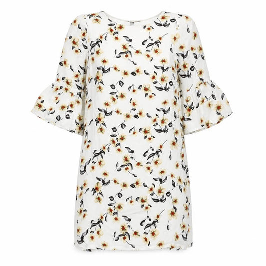 Front view of Iska women’s white floral polyester shift, size UK 8, round neck zip