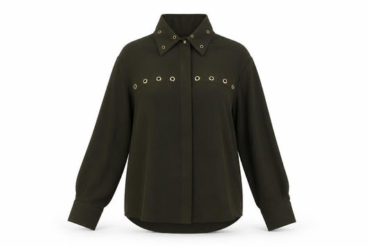 Front view of Zara women’s green polyester basic button-up, size S, collared