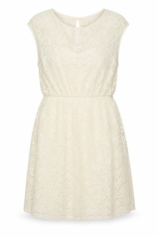 Front view of Zara women’s ivory floral 100% cotton fit & flare, size S, scoop neck button
