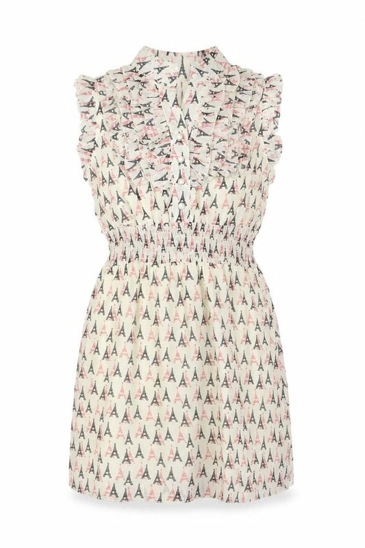 Front view of Atelier 61 women’s ivory geometric polyester shirt dress, size UK 8, v-neck button