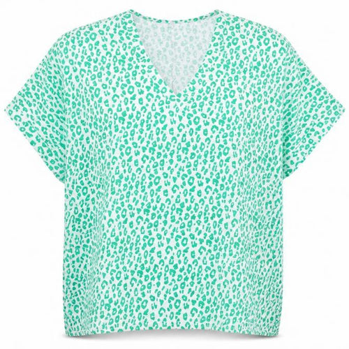 Preworn Womens Green Animal Print Cotton Basic Blouse Size L V-Neck - Leopard Print