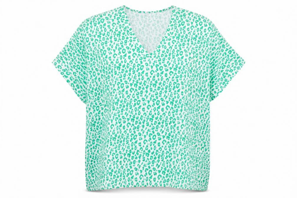 Preworn Womens Green Animal Print Cotton Basic Blouse Size L V-Neck - Leopard Print